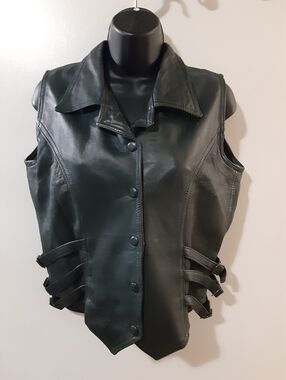 Leather Made in Greece Moto Vest Dark Green Buckle Detail Edgy Y2K Large